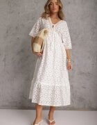 wei wei Rochie Albă cu Dantelă și cu Adaos de Bumbac Finisată cu Legătură și Elastic în Talie Jasevia
