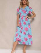 wei wei Rochie Albastră Florală din Bumbac și Decolteu Petrecut Tdivaria