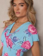 wei wei Rochie Albastră Florală din Bumbac și Decolteu Petrecut Tdivaria