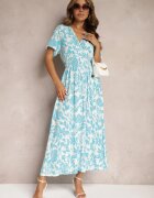 wei wei Rochie albastru deschis petrecută evazată cu imprimeu floral și elastic în talie Dolefia