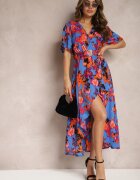wei wei Rochie Asimetrică Albastru-Portocaliu cu elastic în talie și decolteu petrecut Perlana