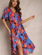 wei wei Rochie Asimetrică Albastru-Portocaliu cu elastic în talie și decolteu petrecut Perlana