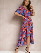 wei wei Rochie Asimetrică Albastru-Portocaliu cu elastic în talie și decolteu petrecut Perlana