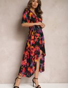 wei wei Rochie Asimetrică Negru-Portocalie cu elastic în talie și decolteu petrecut Perlana