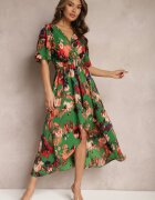 wei wei Rochie Asimetrică Verde-Roșie cu Elastic în Talie și Decolteu Petrecut Perlana