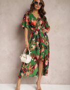 wei wei Rochie Asimetrică Verde-Roșie cu Elastic în Talie și Decolteu Petrecut Perlana