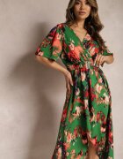 wei wei Rochie Asimetrică Verde-Roșie cu Elastic în Talie și Decolteu Petrecut Perlana