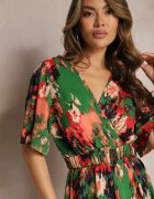 wei wei Rochie Asimetrică Verde-Roșie cu Elastic în Talie și Decolteu Petrecut Perlana