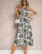 wei wei Rochie Evazată Gri cu Aplicații Decorative pe Decolteu cu Imprimeu Abstract Flubia
