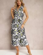 wei wei Rochie Evazată Gri cu Aplicații Decorative pe Decolteu cu Imprimeu Abstract Flubia