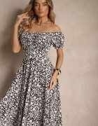 wei wei Rochie Evazată Neagră cu Imprimeu Floral din Bumbac și Decolteu Bărcuță cu Mâneci Bufante Saniren