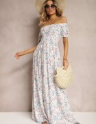 wei wei Rochie Florală Alb-Bleu cu croială evazată și bust încrețit Eliseria