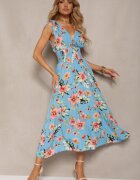 wei wei Rochie Florală Albastră cu elastic în talie și decolteu triunghiular cu șnururi Taseria