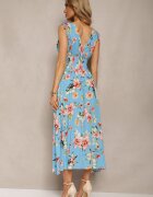 wei wei Rochie Florală Albastră cu elastic în talie și decolteu triunghiular cu șnururi Taseria