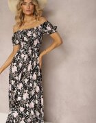 wei wei Rochie florală negru-albă cu croi evazat cu bustul încrețit Eliseria