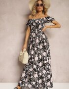 wei wei Rochie florală negru-albă cu croi evazat cu bustul încrețit Eliseria