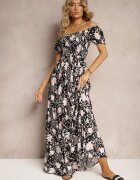 wei wei Rochie florală negru-albă cu croi evazat cu bustul încrețit Eliseria