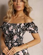 wei wei Rochie florală negru-albă cu croi evazat cu bustul încrețit Eliseria