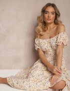 wei wei Rochie Galbenă Cloche cu Imprimeu Floral din Bumbac și Decolteu Bărcuță cu Mâneci Bufante Saniren