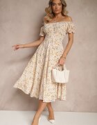 wei wei Rochie Galbenă Cloche cu Imprimeu Floral din Bumbac și Decolteu Bărcuță cu Mâneci Bufante Saniren
