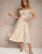 wei wei Rochie Galbenă Cloche cu Imprimeu Floral din Bumbac și Decolteu Bărcuță cu Mâneci Bufante Saniren