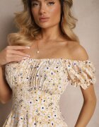 wei wei Rochie Galbenă Cloche cu Imprimeu Floral din Bumbac și Decolteu Bărcuță cu Mâneci Bufante Saniren