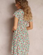 wei wei Rochie Mini Alb-Verde Florală din Viscoză cu Mânecă Scurtă Ayela