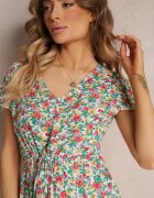 wei wei Rochie Mini Alb-Verde Florală din Viscoză cu Mânecă Scurtă Ayela