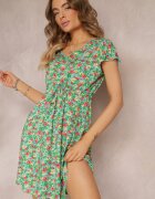 wei wei Rochie Mini Verde Mentă Florală din Viscoză cu Mânecă Scurtă Ayela