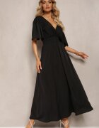 wei wei Rochie Neagră cu Mâneci Ample Legătură Decupaj la Spate și Elastic în Talie Valenta
