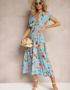 wei wei Rochie Petrecută Albastră Florală cu Elastic în Talie Nobbia