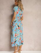 wei wei Rochie Petrecută Albastră Florală cu Elastic în Talie Nobbia