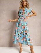 wei wei Rochie Petrecută Albastră Florală cu Elastic în Talie Nobbia