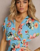 wei wei Rochie Petrecută Albastră Florală cu Elastic în Talie Nobbia