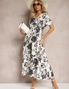 wei wei Rochie petrecută Evazată Alb-Negru cu Imprimeu Floral Mareal