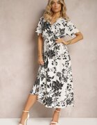 wei wei Rochie petrecută Evazată Alb-Negru cu Imprimeu Floral Mareal