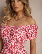 wei wei Rochie Roșie Evazată cu imprimeu floral din bumbac și decolteu barcă cu mâneci bufante Saniren