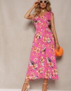 wei wei Rochie Roz Florală cu Elastic în Talie și Decolteu Triunghiular cu Nervuri Taseria
