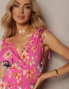 wei wei Rochie Roz Florală cu Elastic în Talie și Decolteu Triunghiular cu Nervuri Taseria
