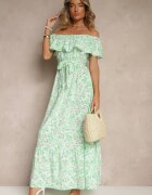 wei wei Rochie Verde Florală cu umerii goi din Bumbac Tiarice