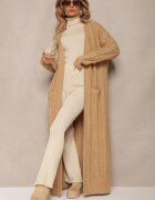 wool fashion Cardigan Bej cu croială lungă neîncheiat cu model împletit Ottimia