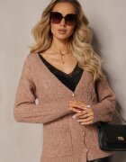 wool fashion Cardigan cu nasturi Bej închis cu Decolteu în V și torsade Juessa