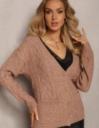 wool fashion Cardigan cu nasturi Bej închis cu Decolteu în V și torsade Juessa
