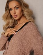 wool fashion Cardigan cu nasturi Bej închis cu Decolteu în V și torsade Juessa