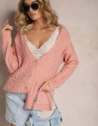 wool fashion Cardigan roz deschis încheiat cu decolteu în V și model împletit Juessa