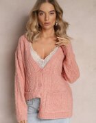 wool fashion Cardigan roz deschis încheiat cu decolteu în V și model împletit Juessa