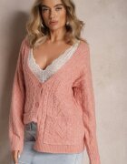 wool fashion Cardigan roz deschis încheiat cu decolteu în V și model împletit Juessa