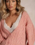 wool fashion Cardigan roz deschis încheiat cu decolteu în V și model împletit Juessa