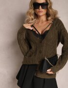 wool fashion Cardigan Verde închis încheiat cu decolteu în V și model împletit Juessa