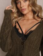 wool fashion Cardigan Verde închis încheiat cu decolteu în V și model împletit Juessa